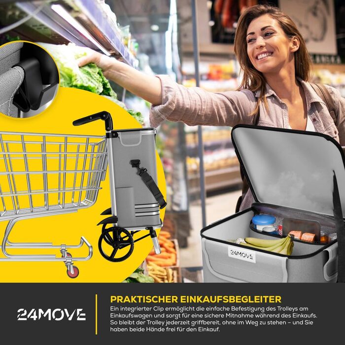 Тролей для покупок 24MOVE® Vehlo: складаний, 55л, з відділенням для охолодження, 3в1 (сумка, візок, сак-воза), до 30кг, сірий