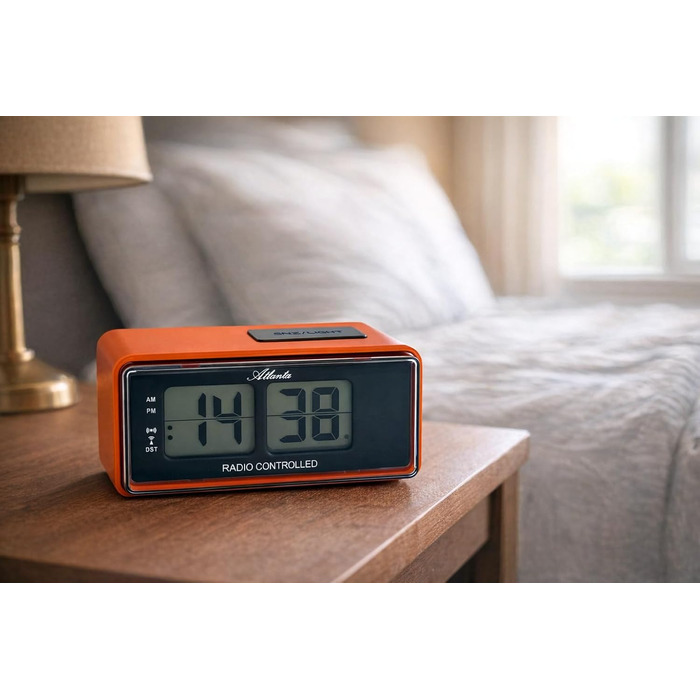Цифровий радіо-будильник Atlanta з LCD-дисплеєм, функцією Snooze та підсвіткою, ретро-дизайн, безшумний (без тікання), помаранчевий — 1881-12