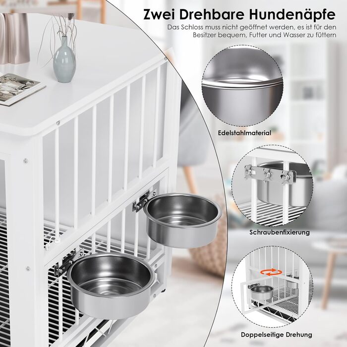 Клітка для собак для дому, дерев'яна собача будка 93x64x58 см, біла. Знімний піддон, 2 годівниці, двері. Для собак середніх та маленьких порід до 40 кг