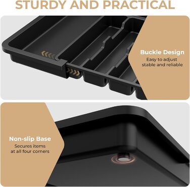 Органайзер для столових приборів в шухляду, розширюваний, 6-9 відділень, з 2 знімними блоками для ножів, чорний