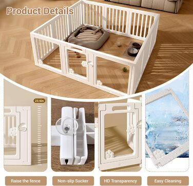 Клітка-загон для собак з дверима, безпечний загон для собак, цуценят, котів, кроликів, горностаїв, легка установка та очищення, пластиковий загон з анкерами та присосками для маленьких тварин 9+3: 150 x 150 см