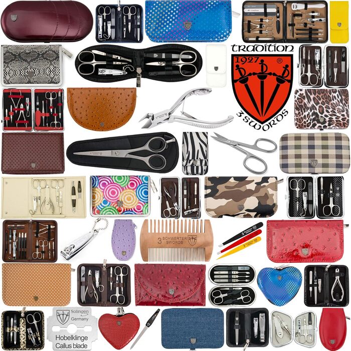 Набір для манікюру DREI SCHWERTER 'Pescara' (6 шт.) - нігтьова шаричка, кусачки, пінцет, пилка для нігтів з сапфіром, очищувач для нігтів, шкіряна шаричка, колір коньяк, штучна шкіра Straussoptik