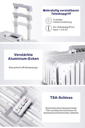 Чемодан ручної об'єм 55 см з алюмінієвим каркасом та полікарбонатом Yuweijie, 35L, 4 колеса, TSA-замок, срібний