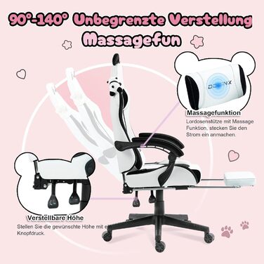 Ігровий крісло Dowinx Panda Edition - ергономічне комп'ютерне крісло з підставкою для спини та ніг, PU-шкіра, чорно-біле