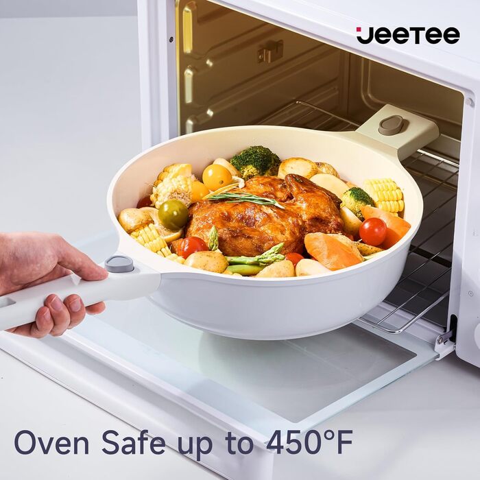 JEETEE Cookware Set, 4-Piece, 20/28 cm Frying Pan, with Removable Handle, Granite Non-Stick Cookware Set, Stackable Induction Pots Set, Suitable for All Cooktops, Oven Safe