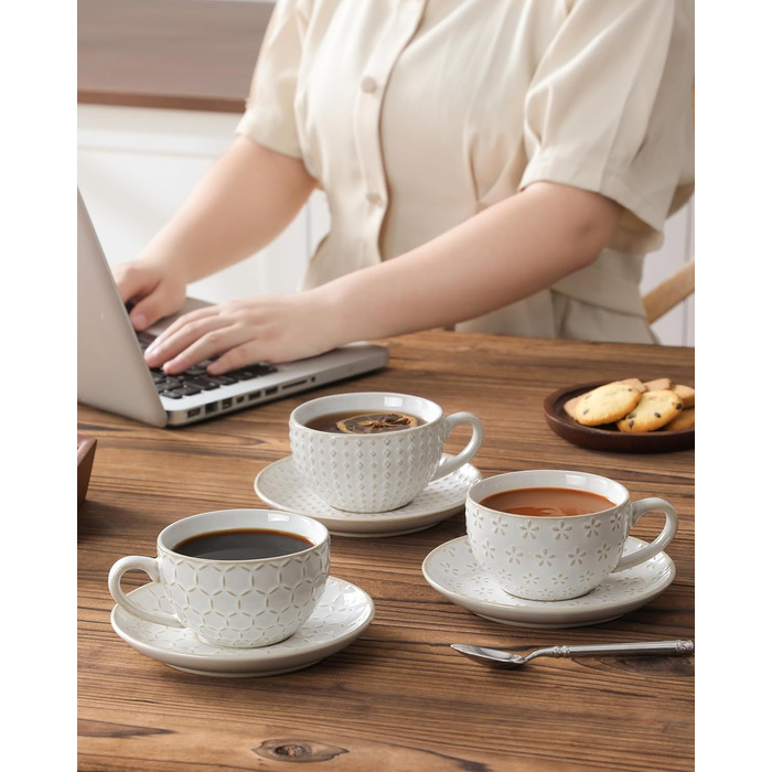 Набір кавових чашок MALACASA з блюдцем, 8 шт., для 4 особи, з рельєфом, 180 мл, кераміка, бежевий