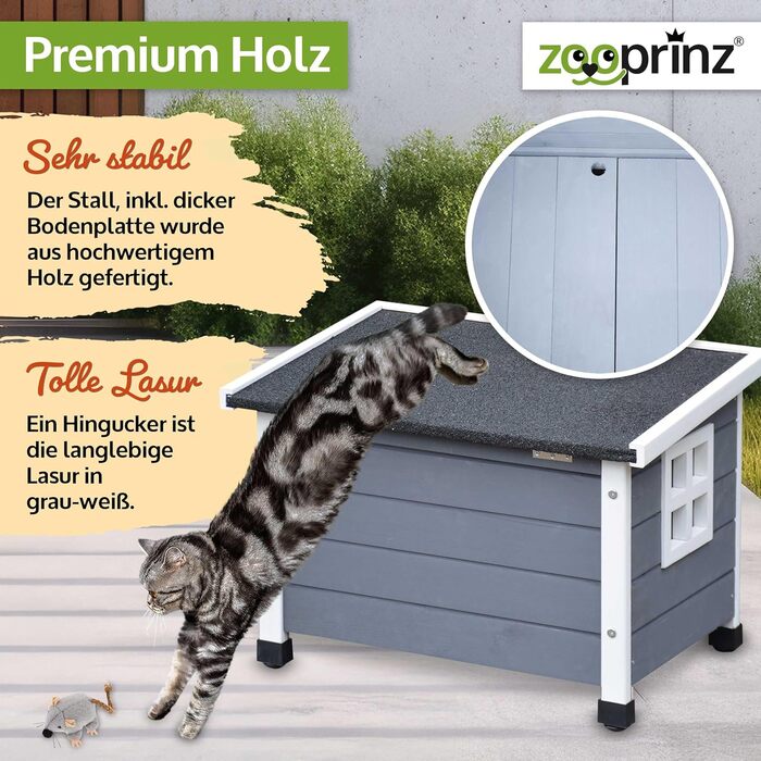 Преміум котячий будиночок Zooprinz з дерева – котяча кістка з дахом, що відкривається, вікном та створками – сизаль на котячому боксі – стійкий до погодних умов для саду/балкону – внутрішній та зовнішній притулок (сірий-білий, стандарт)