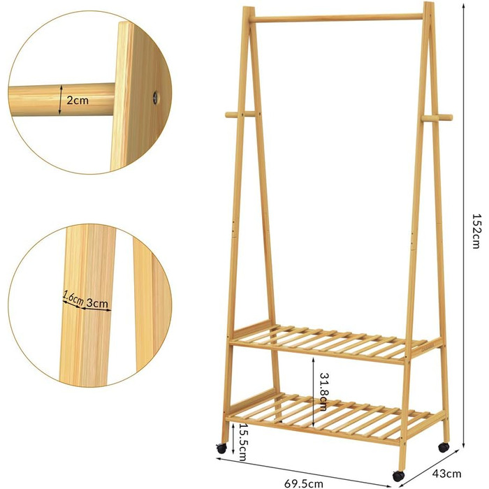 Casaria® Clothes Rack on Wheels Wood Stable Bamboo Clothes Rail Narrow with 4 Hooks 2 Shelves Open Coat Rack 155x70cm Entryway Coat Stand