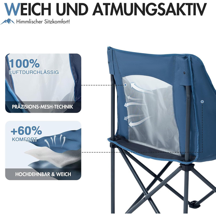 Крісло для кемпінгу складне, XXL, з підлокітниками, 150 кг, блакитне