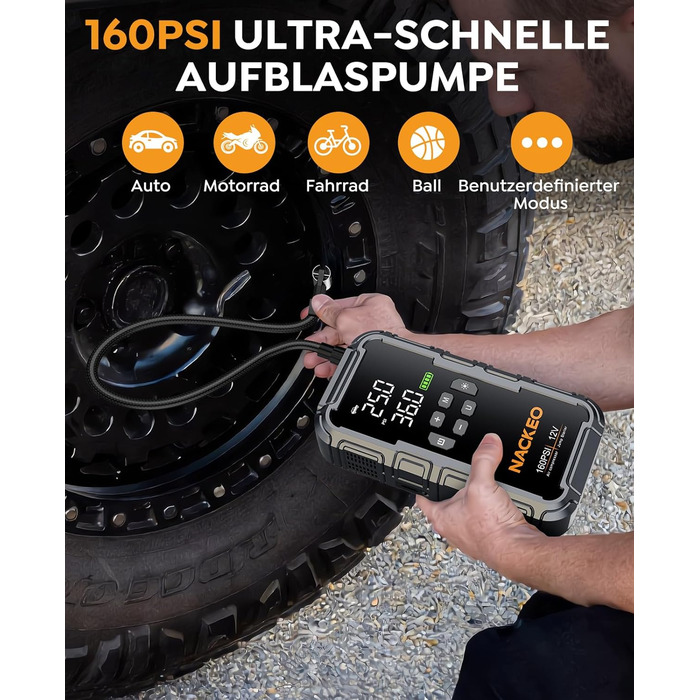 Powerbank для автомобіля з компресором 160PSI та пусковим струмом 12V (бензин/до 12L дизель) з LED-ліхтарем та LCD-дисплеєм