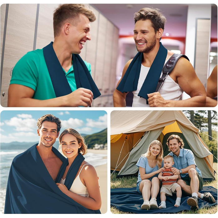 Набір з 3 рушників з мікрофібри: великий (180x90 см) та 2 маленькі (80x40 см), швидковисихаючі, для спорту, подорожей, басейну та пляжу (темно-синій)