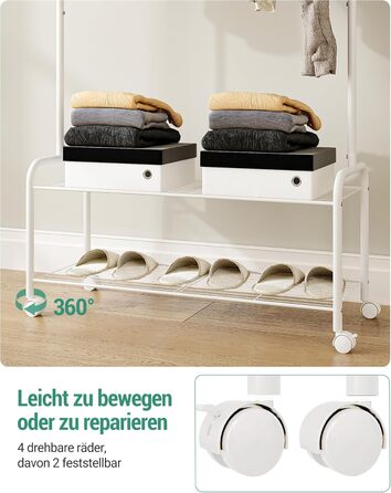 Clothes rack with 2-tier shelf, 3-in-1 design, clothes stand with 4 wheels, coat rack with 4 hooks for bags, GR07499A (White)