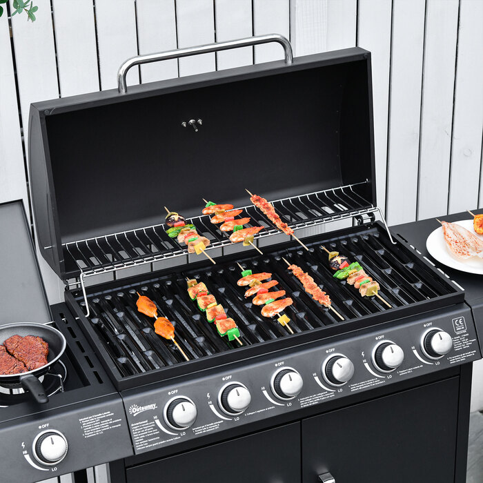 Газовий гриль Outsunny BBQ з візком, 6 конфорок, 1 бічна конфорка, шафка, багатофункціональний, метал, чорний, 135 x 50 x 100 см | Aosom