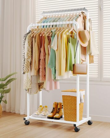Підставка для одягу на колесах, з подвійною перекладиною, з полицею-сіткою та гачками, білий колір, 73 x 42 x 150 см