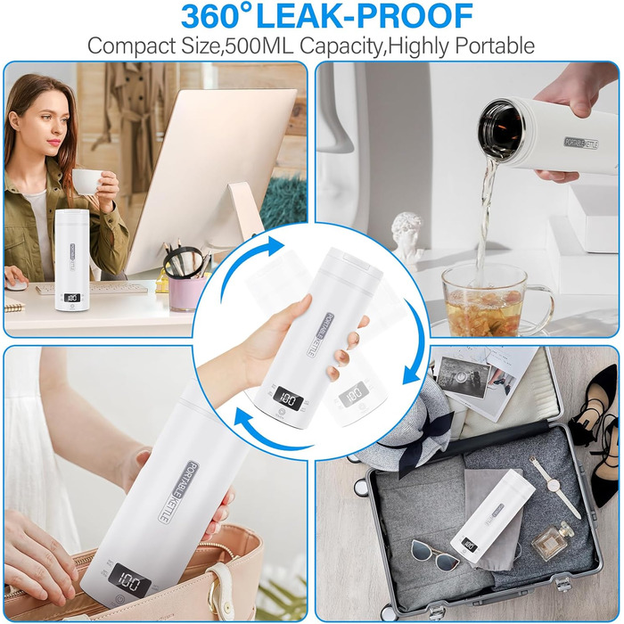 Електричний дорожній чайник Mkitnvy 500 мл, портативний, нержавіюча сталь 304, автоматичне вимкнення, швидкий нагрів, міні-чайник для дитячого харчування, чаю, кави