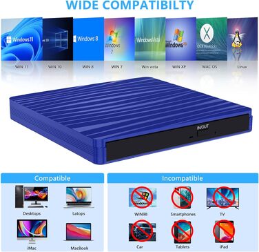 Зовнішній DVD-привід USB 3.0 та Type-C, портативний CD/DVD +/-RW записувач для ноутбука, ПК, MacBook, Windows, macOS, Linux (Темно-синій)