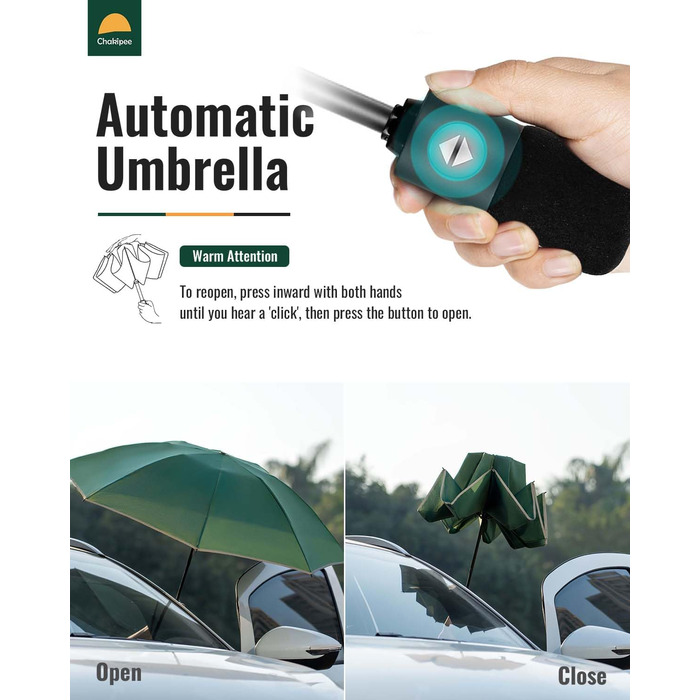 Чакіпі - парасолька велика, штормостійка, з відбиваючим покриттям, для чоловіків та жінок. Автоматичний парасолька, компактний, для подорожей. Розмір купола 106 см, темно-зелена