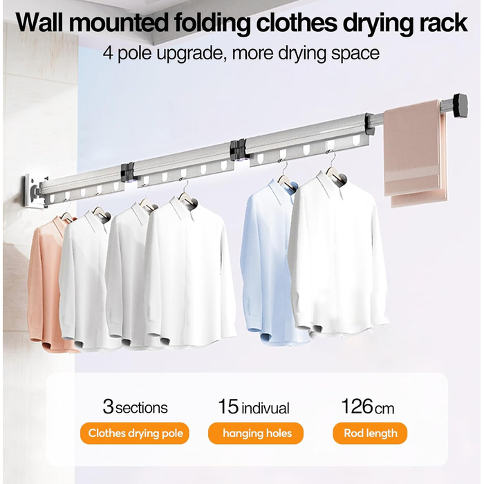 Висувна сушарка для одягу, 3-секційна, настінна штанга для одягу 126 см, економна, складана сушарка з гачками, для балкону, прання, ванної кімнати, білий, молочно-білий