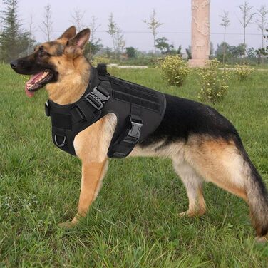 FEimaX Tactical Dog Harness with Handle Military Net Working Tactical Dog Vest Chest Harness for Large Dogs No Pull Adjustable Vest for Walks Training (Black, M)