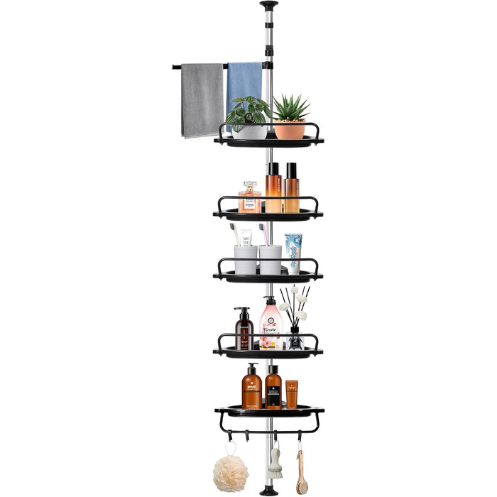 NEMMXUB Telescopic Shower Shelf No Drilling, Height-Adjustable Corner Stainless Steel Corner Shelf Bathroom Shelf with 5 Baskets and 1 Towel Holder, 4 Hooks for Shower, Bathroom, and Household, Height Adjustable from 95-320 cm