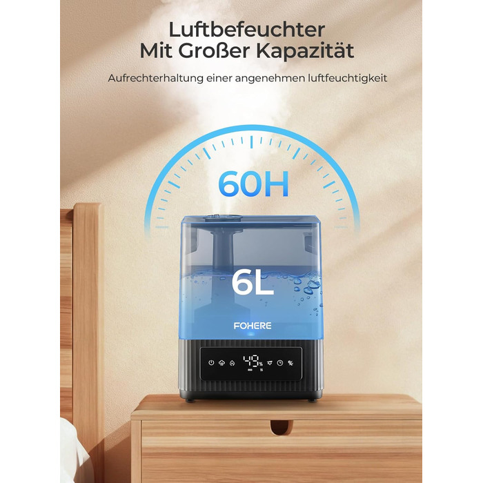 Зволожувач повітря 6L для великих приміщень, холодний туман, тихий, з аромадифузором, для дитячої кімнати, спальні, рослин, 60 год роботи, точний датчик вологості, верхнє заповнення