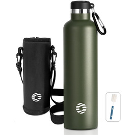 Фляга спортивна Feijian 1л з карабіном, нержавіюча сталь, термофляга, без BPA, для напоїв, кемпінг, спорт, школа, армійський зелений