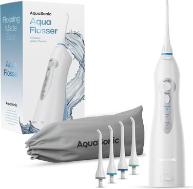 Aquasonic Aqua Flosser: професійний бездротовий ірigator для порожнини рота з 4 насадками, 3 режими, портативний (білий)