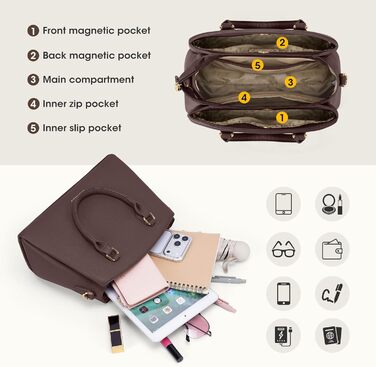 Сумка жіноча RAINSMORE середнього розміру з PU шкіри, для планшета 11 дюймів, з плечовим ременем, для роботи та міста (кава)