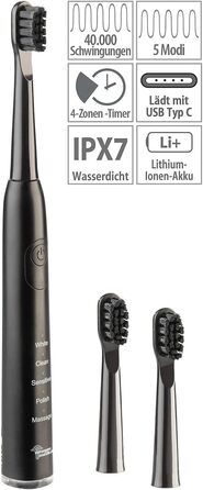 Електрична зубна щітка Newgen Medicals Akku Zahnbürste: USB акумуляторна звукова щітка 40.000 Гц, 5 режимів, таймер, IPX7 водонепроникна