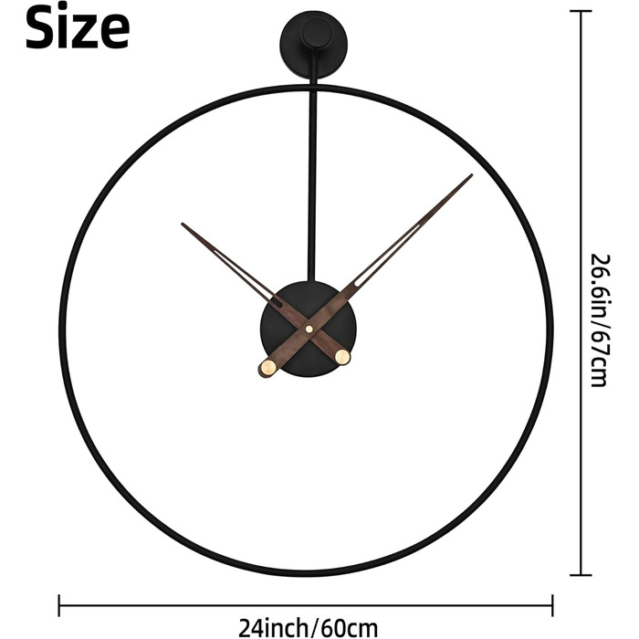HAITANG Large Modern Living Room Clock, Black XXL Round Metal Wall Clock for Kitchen Office Bedroom, Vintage Wall Clocks, Battery Operated, Silent Clock Movement, Home Decoration, 60 cm