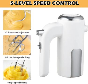 Ручний міксер Handmixer 400W з 5 швидкостями та турбо-функцією, з нержавіючої сталі, для кухні, білий