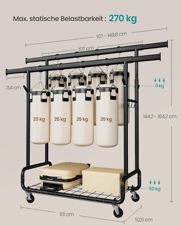 SONGMICS Стійка для одягу на коліщатках, важка, з 2 висувними штангами, регульована висота, з полицею та гачками, чорний HSR015B01