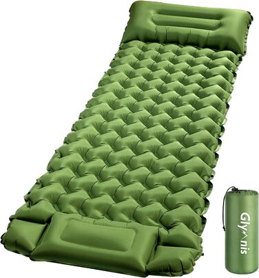 Glymnis Isomatte Camping Air Mattress - 9cm Thick with Foot Pump & Pillow - Ultralight Outdoor Sleeping Pad for Camping, Hiking & Travel - Army Green