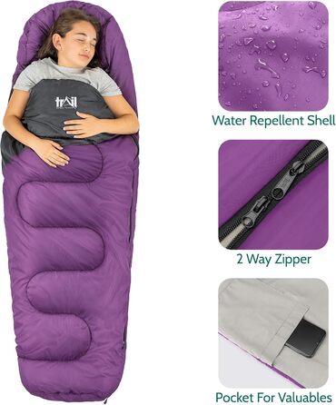 Дитячий спальний мішок Trail Mumienschlafsack для кемпінгу 3 сезони – 300gsm – для хлопчиків та дівчаток – фіолетовий