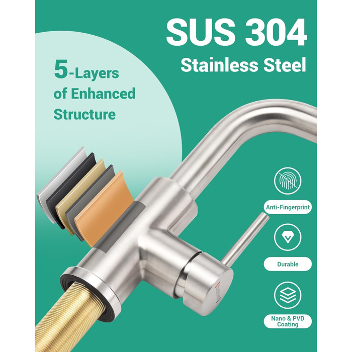 Кухонний змішувач Dayone з висувною лійкою, нержавіюча сталь SUS304, високий тиск, 2 функції, поворотна лійка 360°, L-подібна форма, G6808bn