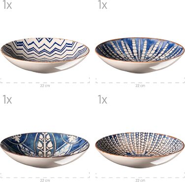 MÄSER 934017 Iberico Blue 12-piece tableware set for 4 people in Moorish style, plate set with various vintage patterns in white and blue, stoneware