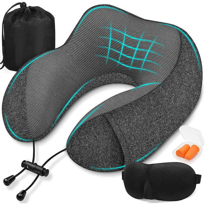 Подушка для шиї у літак - подушка для подорожей 100% Memory Foam - портативна подушка для літака - з 3D-маскою для сну та берушами - ідеальна для літака, авто, дому, офісу, подушка для сну (Сіра)