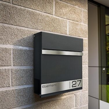 Поштова скринька Metzler Premium з газетницею Anthrazit (Антрацит) - персоналізована з табличкою для імені - високоякісна настінна поштова скринька з нержавіючої сталі V2A з порошковим покриттям RAL 7016, модель Stencil