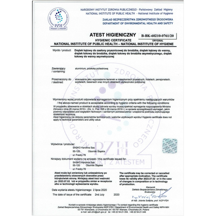 Кутовий штанга для душу Sasko 100-100 x 25 мм, білий