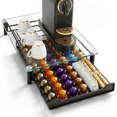 Тримач для капсул Nespresso прозорий на 60 капсул, металевий та скляний органайзер для кави, висувний дизайн