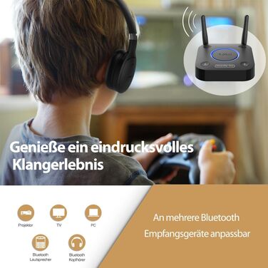 1Mii B06TX Bluetooth 5.2 Передавач для ТВ з aptX HD та низькою затримкою, велика дальність дії, аудіоадаптер для 2 навушників або динаміків, 3,5mm AUX/Оптичний/Коаксіальний вихід, регулювання гучності