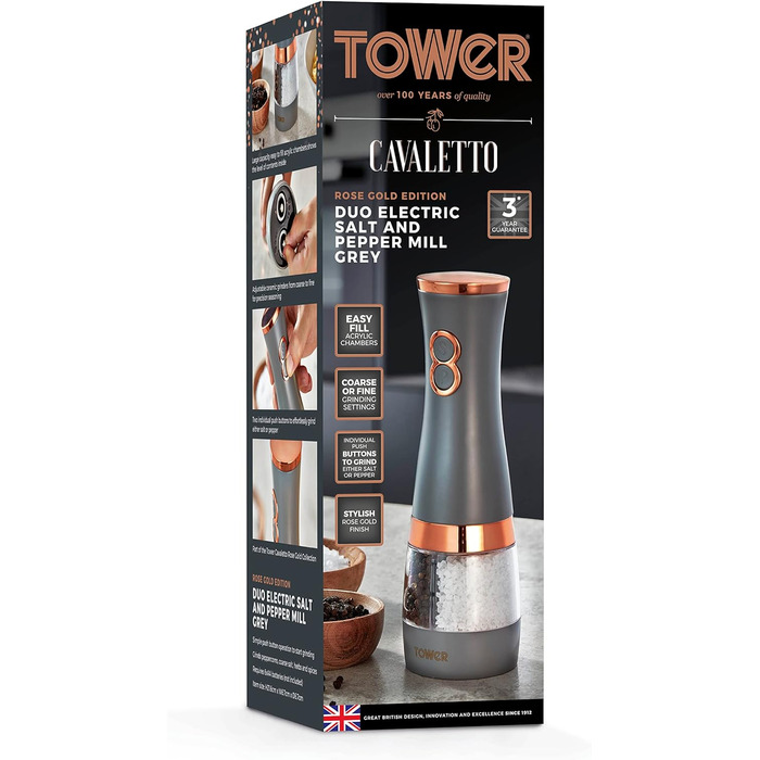 Електричні мельниці для солі та перцю Tower, працюють від батарейок, з регульованими керамічними жорнами, рожеві та рожеве золото T847004PNK (сірий)