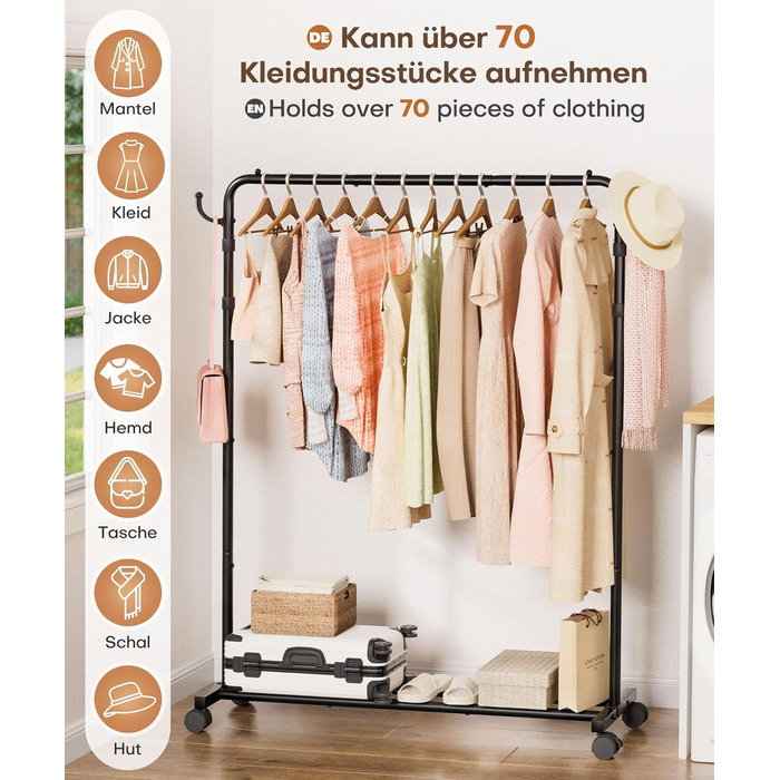 Стійка для одягу на колесах Yorbay: міцна металева вішалка з полицею для багажу. Компактна вішалка для спальні, пральні, магазину (Чорний, 117.5 см)