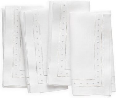 O'lucio Authentique Home Napkins with double hem, linen embroidered Swiss dots, White, 4 pieces, 45.7 x cm, handmade, linen fabric, napkins, natural material, machine washable