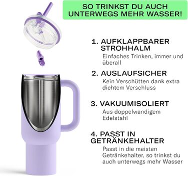 Waterdrop Thermobeaker with Straw 1.1L - Leak-Proof, Durable Stainless Steel Insulated Tumbler with Flip-Up Straw, Keeps Drinks Cold for 12 Hours, White Winter Color (Lilac)