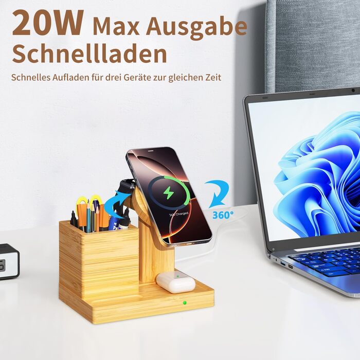 Багатофункціональна бамбукова зарядка 5-в-1 з LED-годинником та нічником. Підходить для Apple Watch, AirPods, Samsung Galaxy та інших пристроїв.