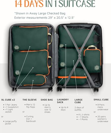 Набір органайзерів для подорожей Trippped Travel Gear: 7 шт., великий розмір, компресійні, для одягу (зелений/помаранчевий)