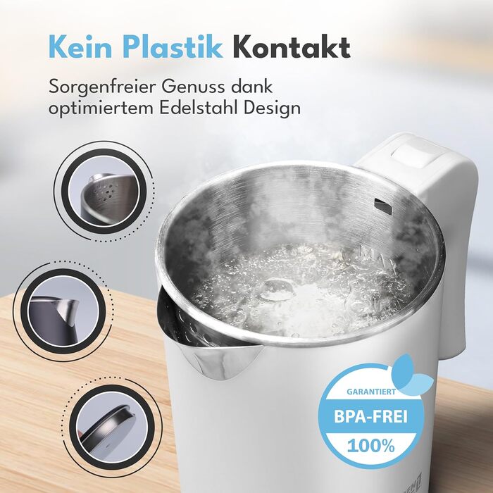 Електричний чайник для подорожей LEBENLANG з нержавіючої сталі, 500 мл, без BPA, 600W, білий, для кемпінгу та подорожей