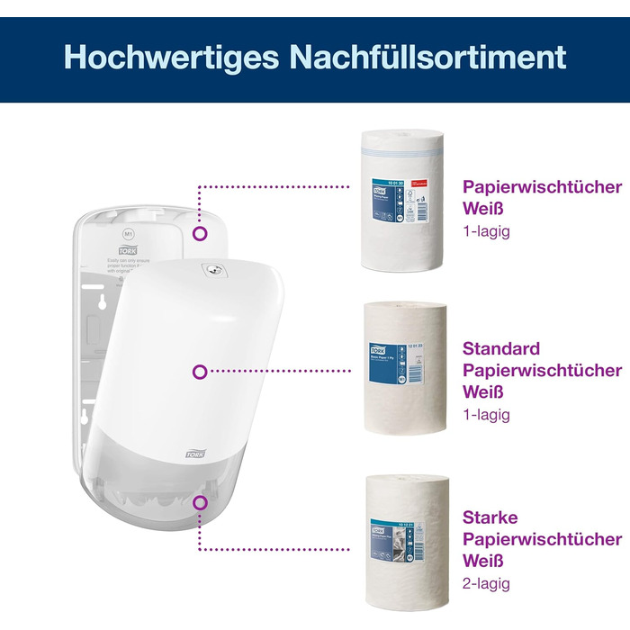 Tork 558000 Mini Roll Dispenser for M1 Wipes in Elevation Design / Wipe Dispenser for hygienic single-sheet dispensing in White, (W x H x D) 174 x 321 x 165 mm