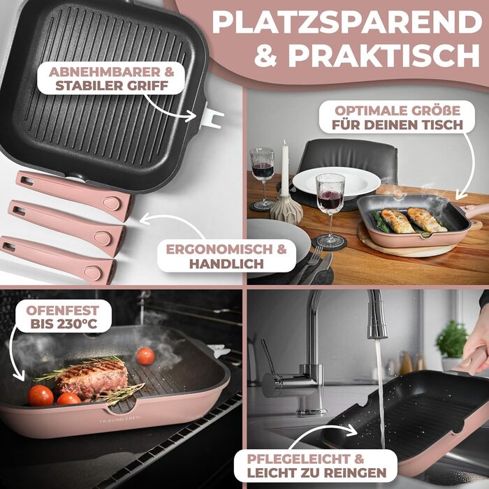 Гриль-сковорода NEU 28 см з виливом та знімною ручкою, антипригарна, без PFOA, для індукції, жаростійка, рожева
